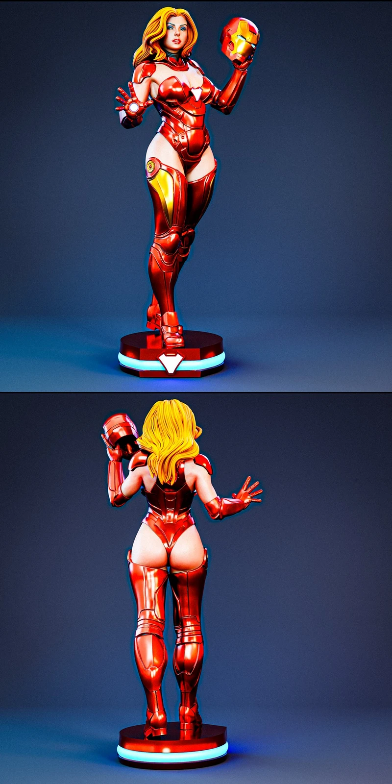 Pepper Potts Marvel armored statue holding an Iron Man helmet