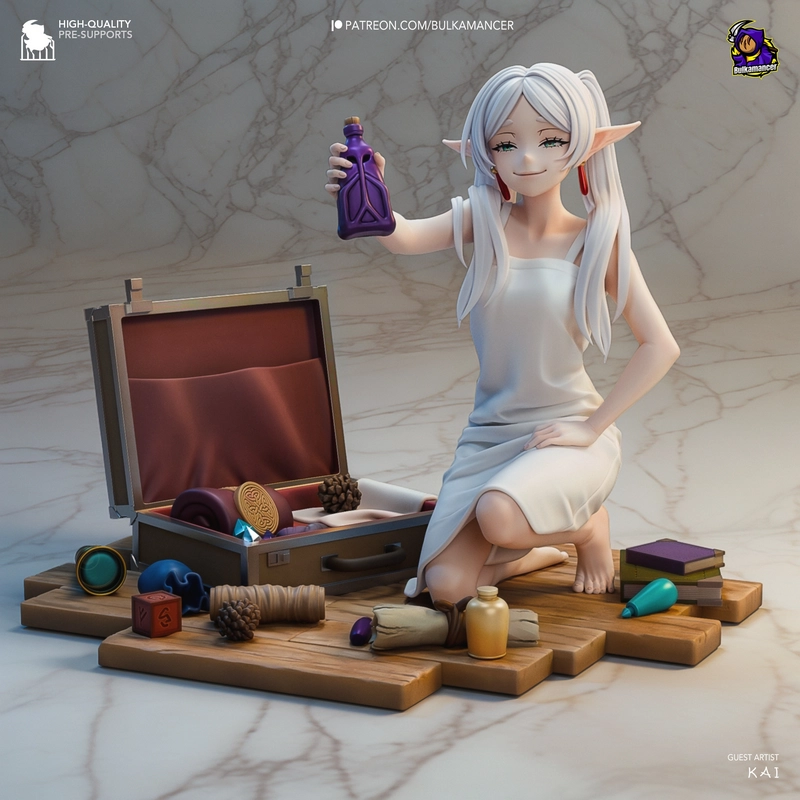 Frieren elf mage figure seated with a purple bottle and open travel case