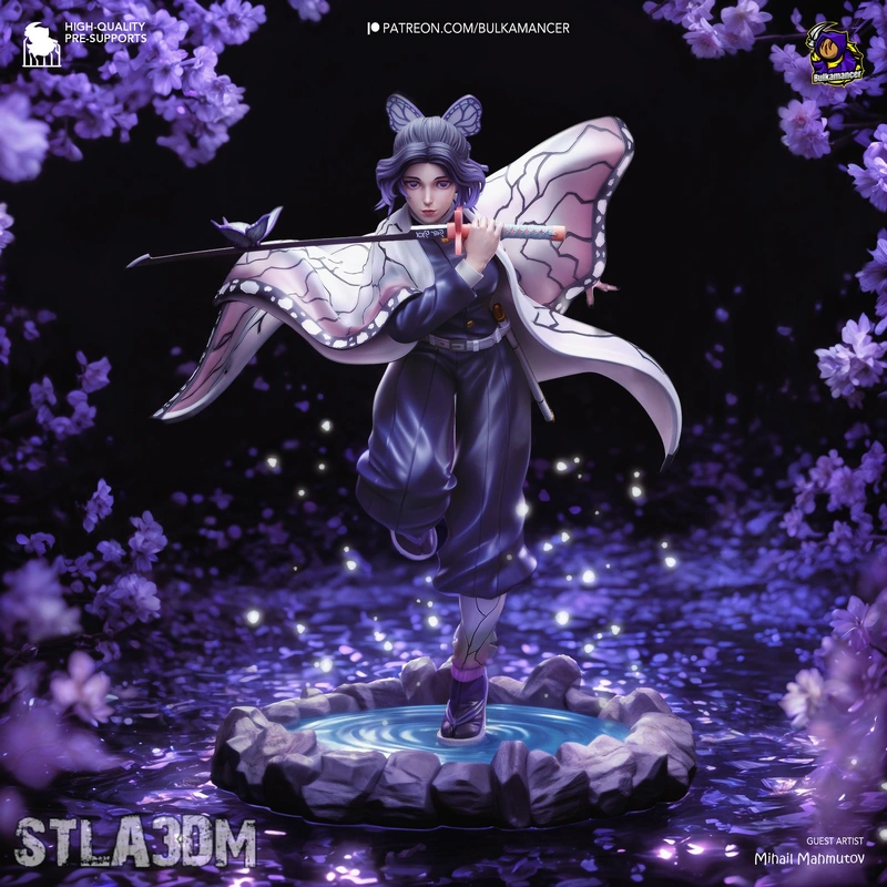 Shinobu original character figure with sword, cape, and rocky base