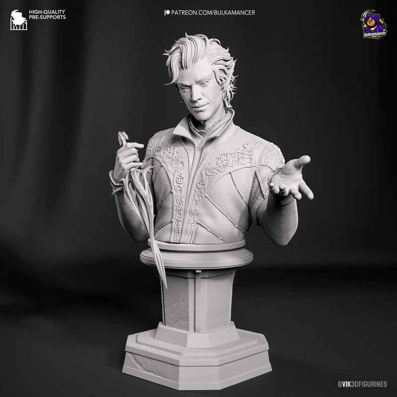 Astarion Baldur's Gate 3 bust with ornate jacket and pedestal