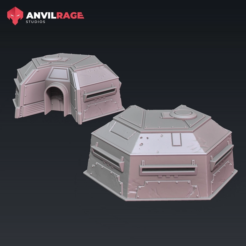 Angular Star Wars bunker model with armored panels, vents, doorway, and circular roof details
