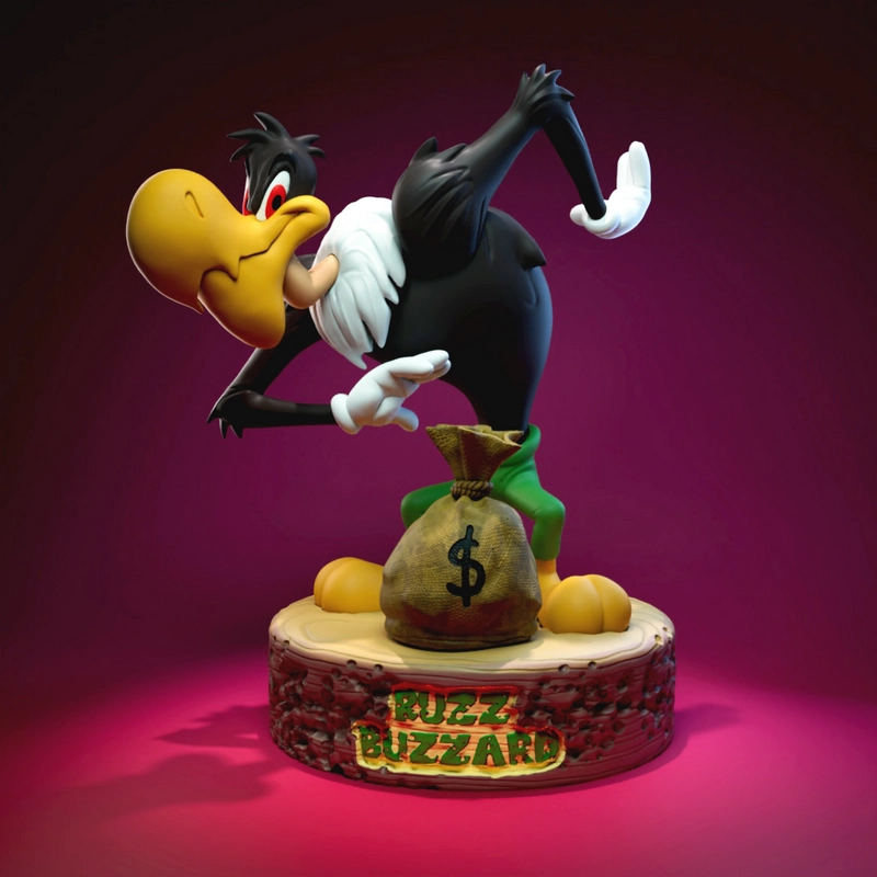 Buzz Buzzard Woody Woodpecker figure with money bag on a display base