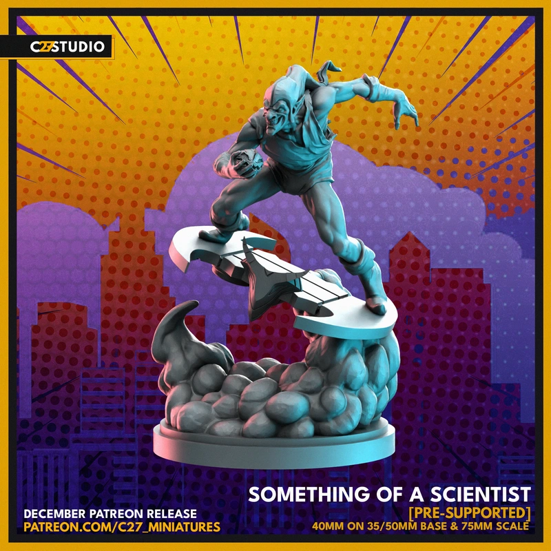 Stylized hooded scientist figure statue on a curved platform and cloud-like base