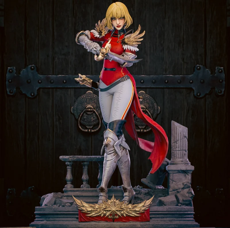 Cha Hae-In Solo Leveling armored warrior statue with sword and red cape