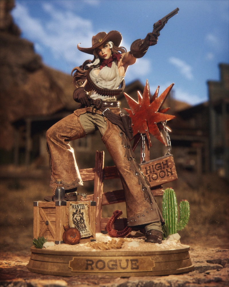 Marvel Rogue cowgirl statue with revolver on a desert-themed display base