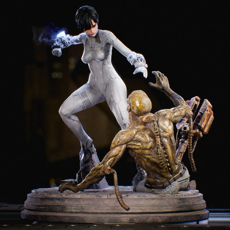 Evie from Stellar Blade posed above a biomechanical creature on a display base