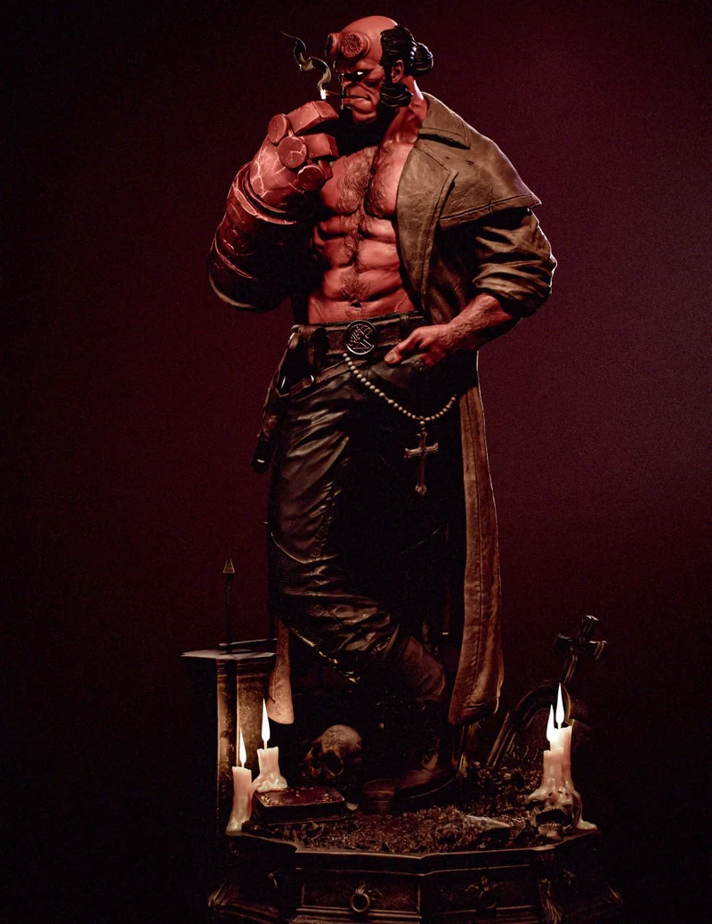Hellboy fan-art statue with stone-like hand, coat, candles, and skulls