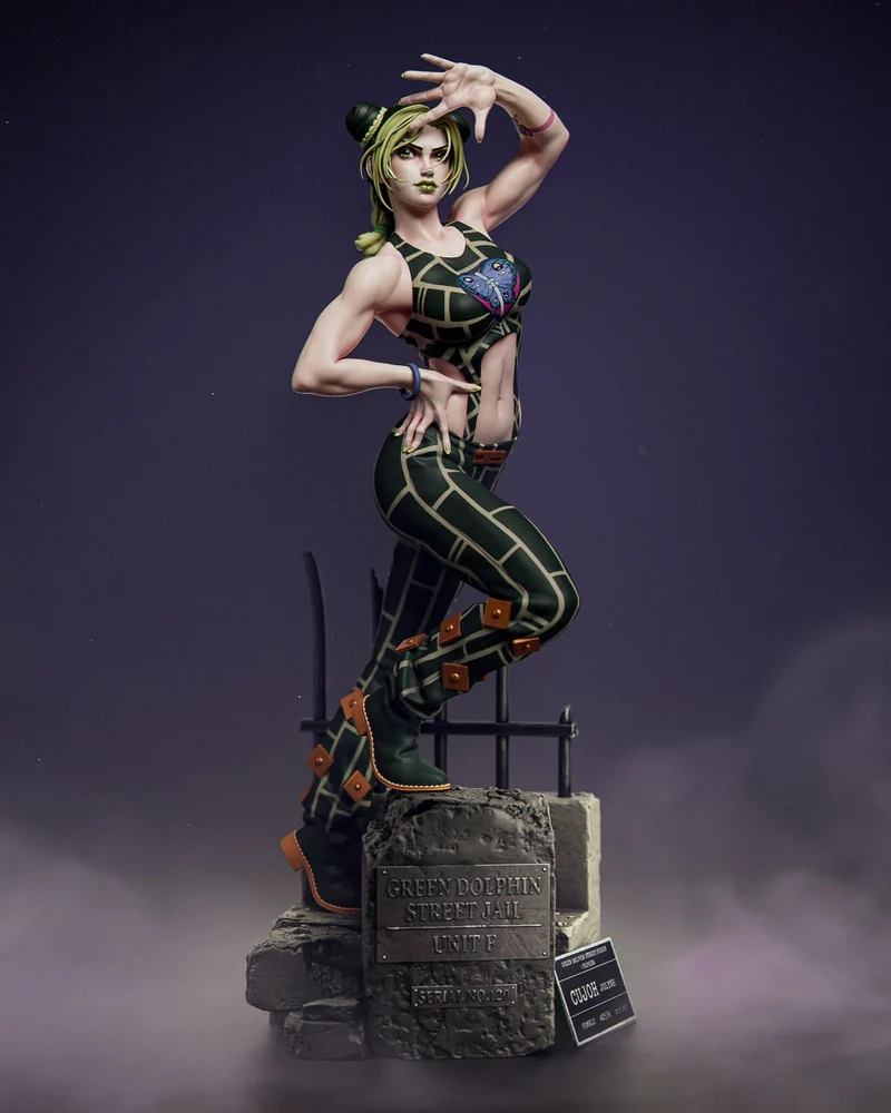 Jolyne Cujoh figure in a dynamic pose on a rocky display base