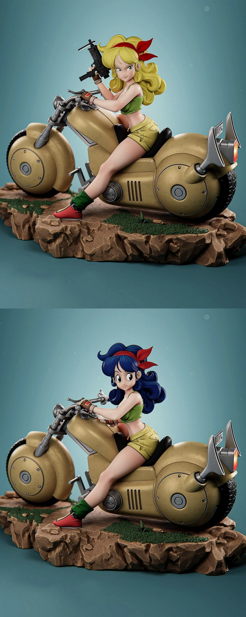 Launch from Dragon Ball seated on a motorcycle with a rocky display base