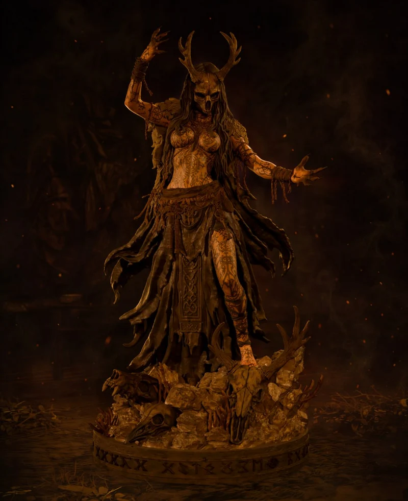 Original Norse witch statue with antlered mask, tattoos, robes, and rune-marked base