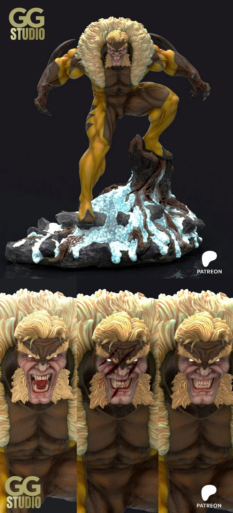 Sabretooth Marvel statue with claws, fur mane, yellow costume, and rocky base