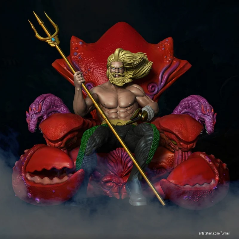 Aquaman seated on a coral throne with his trident and sea creatures