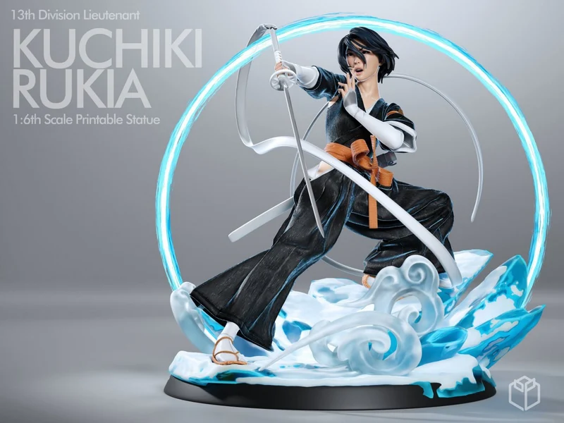 Rukia Kuchiki Bleach statue with swords, icy waves and glowing ring