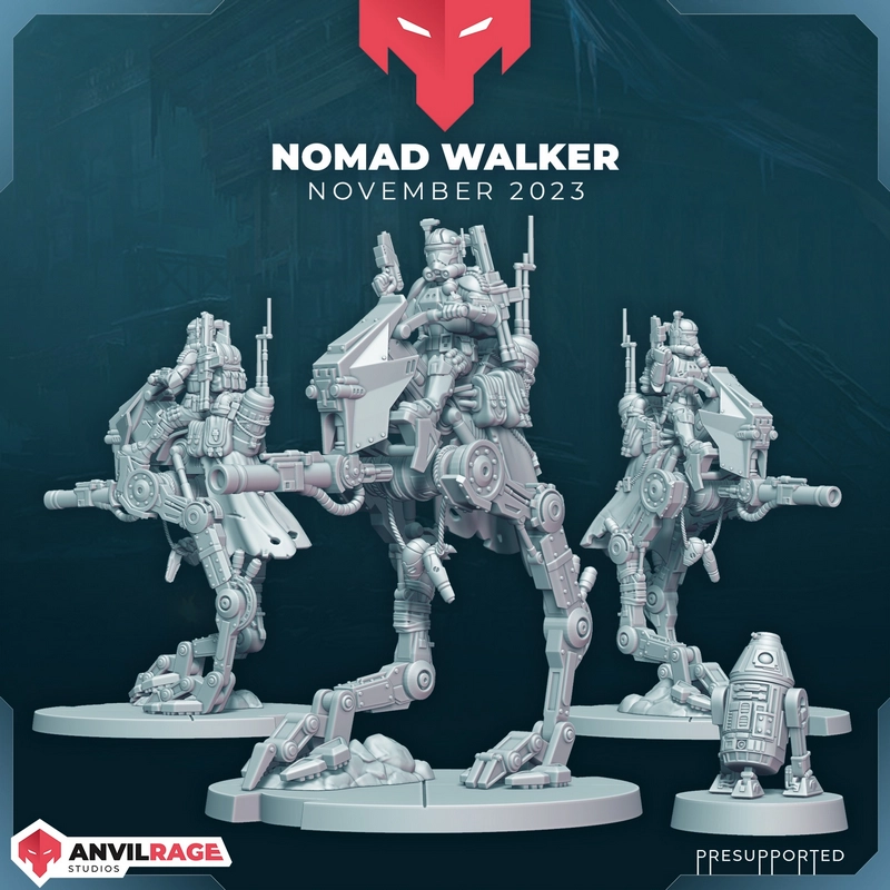 CT-8021 Nomad AT-RT walkers with riders, weapons, bases, and a small droid