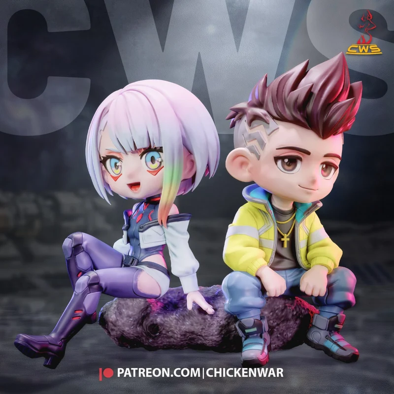 Chibi Lucy and David from Cyberpunk: Edgerunners seated together