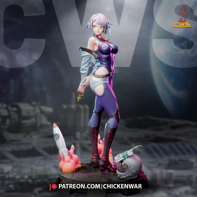 Lucy Cyberpunk: Edgerunners figurine with a rocket and helmet base
