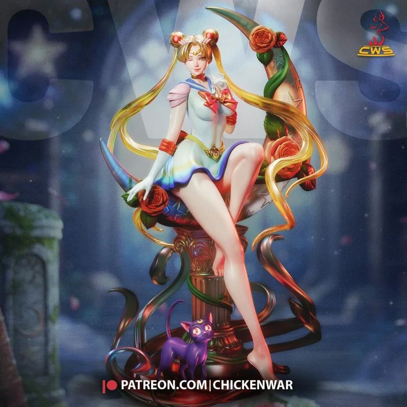 Seated Sailor Moon figurine with roses, flowing hair and a purple cat companion