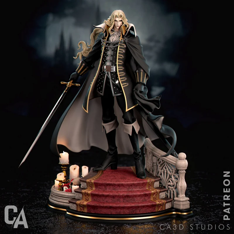Alucard Castlevania statue with sword, cape, and ornate display base