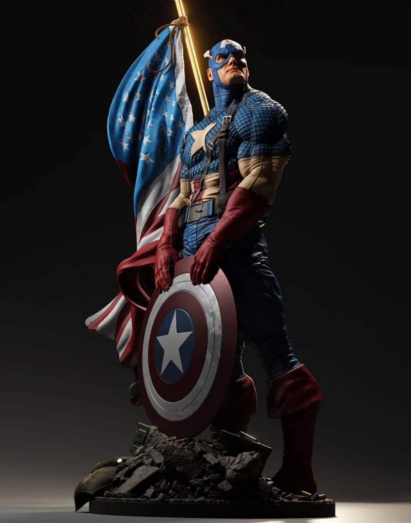 Captain America Marvel figure with shield, flag, and rocky display base