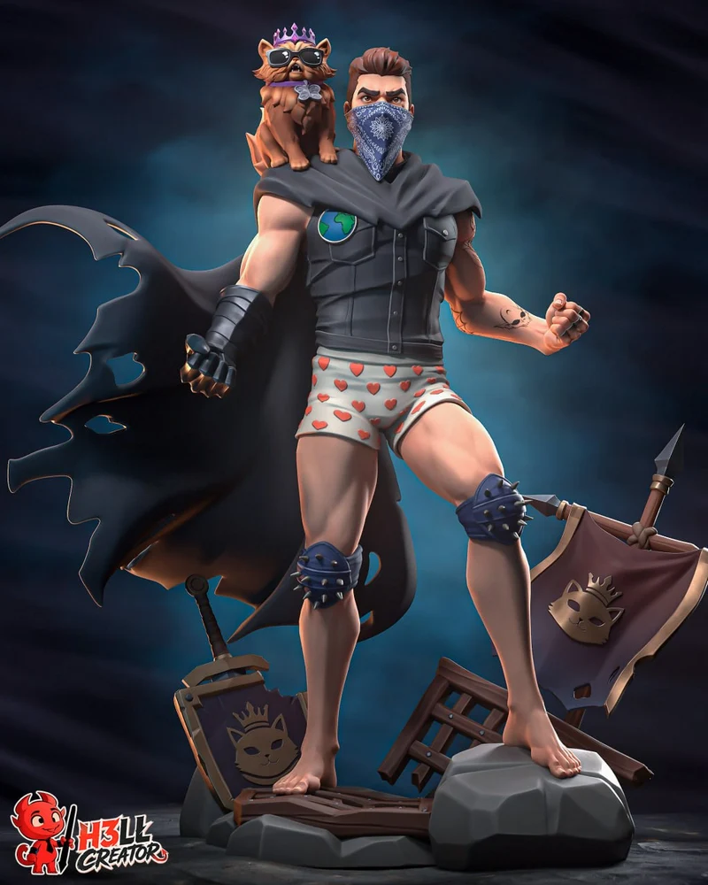 Carl and Princess Donut statue with a masked adventurer and crowned cat