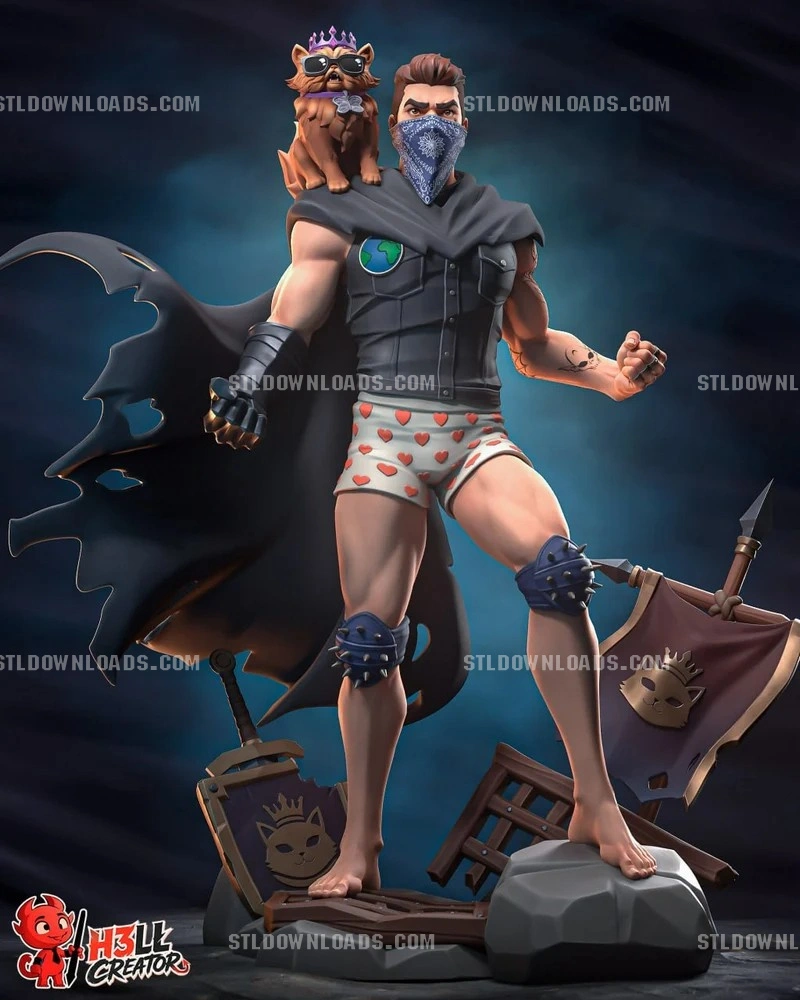 Carl with Princess Donut, a crowned cat, in a detailed Dungeon Crawler Carl fan-art statue