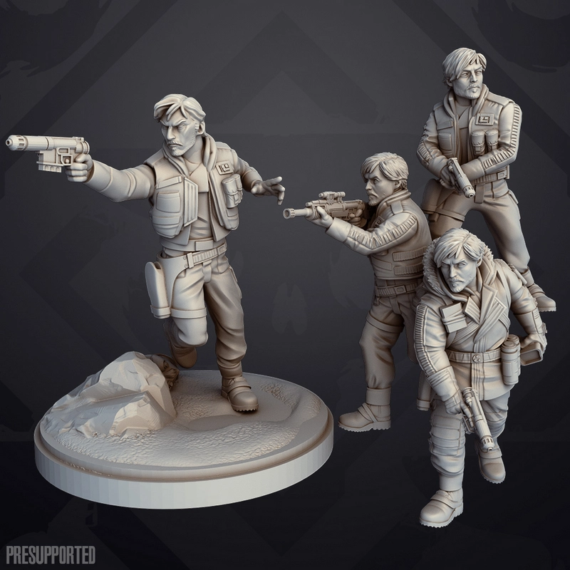 Four Cassian Andor-inspired Star Wars figures with blasters and a round display base