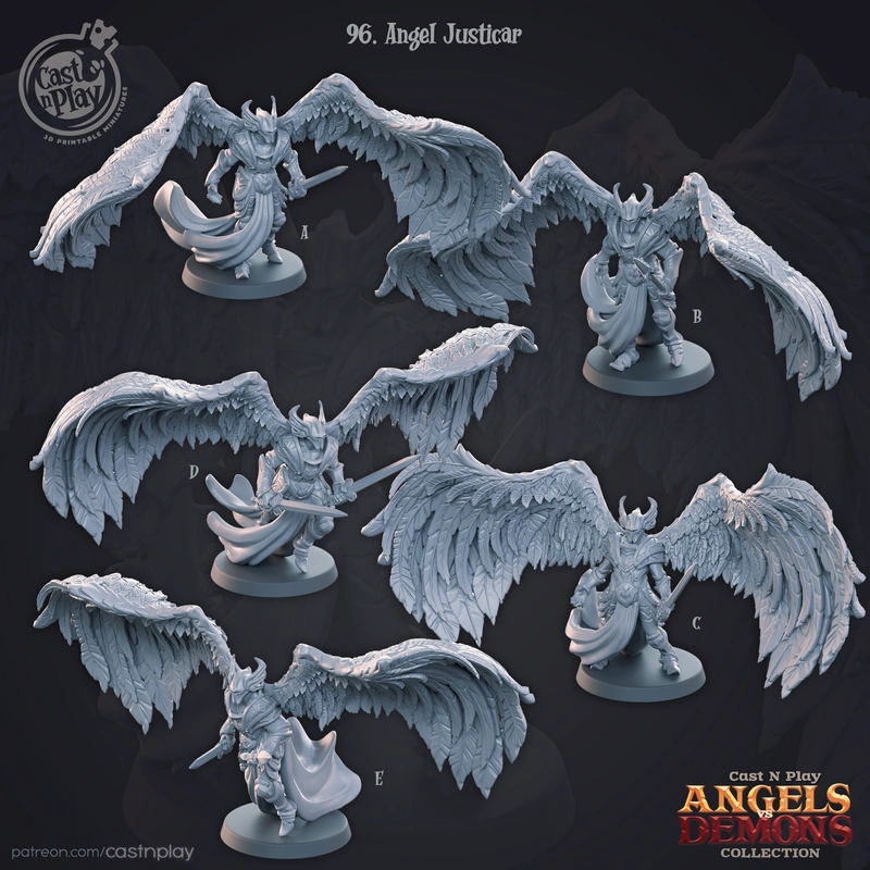 Fantasy angelic warrior miniatures with broad feathered wings on bases