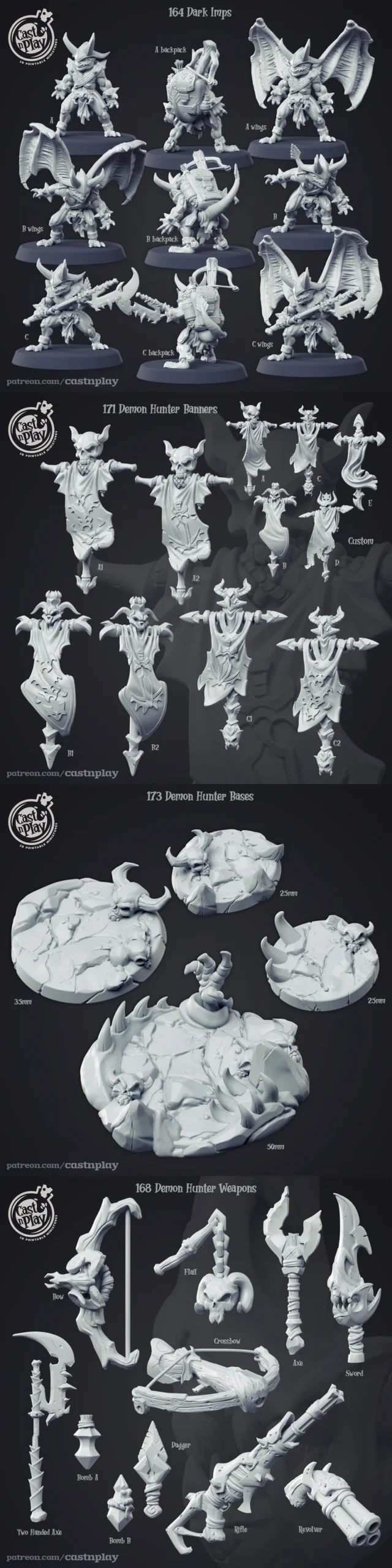 Horned fantasy Dark Imps miniatures with wings, armor, weapons, and backpacks on display bases.