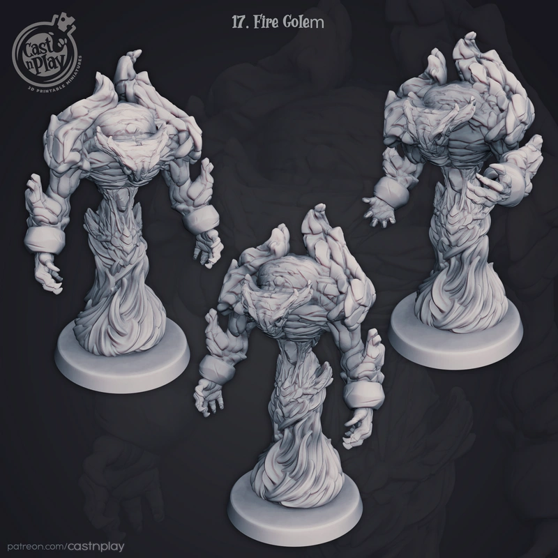 Fantasy fire golem creature figure with rocky textures on a round base