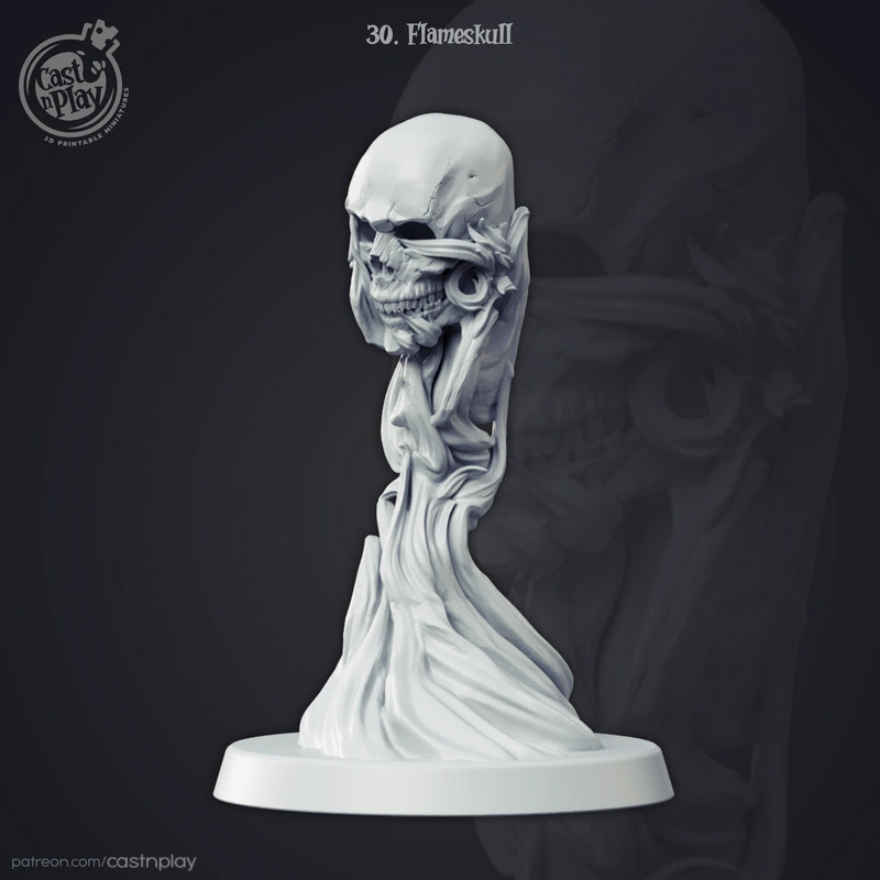 White Flameskull creature bust with a grinning skull and flowing flame-like body