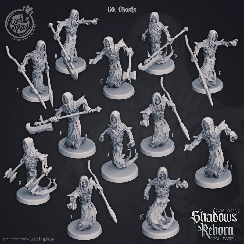 Hooded fantasy ghost miniatures with flowing robes and weapons on round bases