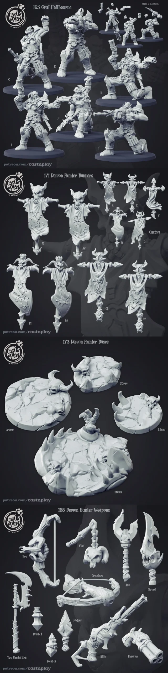Grul Hellbourne horned fantasy warrior figures with weapons, demon hunter banners, and bases