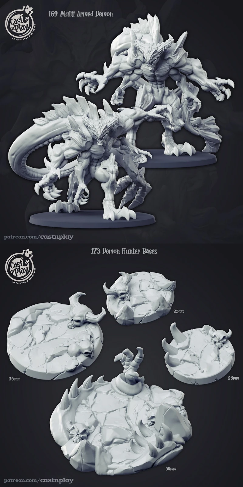 Multi-armed fantasy demon creature with horns, claws, extra arms, and display bases