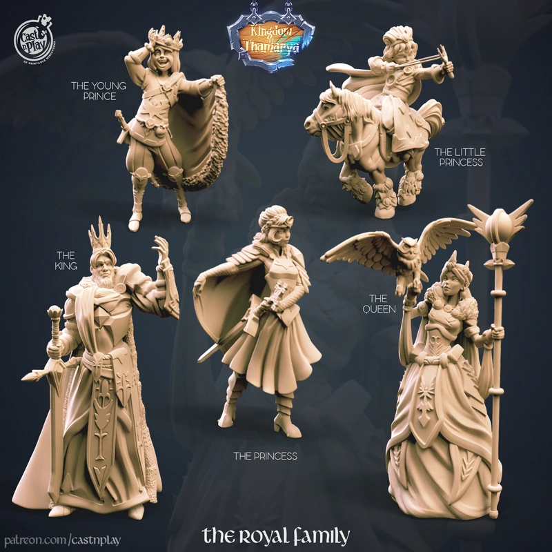 Fantasy royal family miniatures with king, queen, prince, princess, mounted child, and owl companion