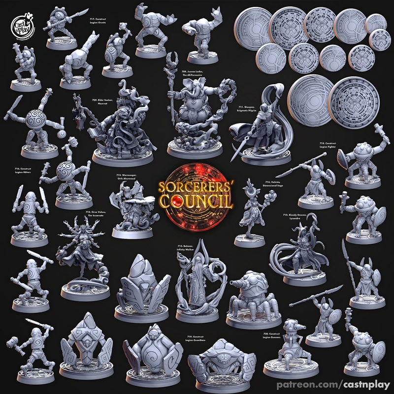 Fantasy tabletop miniatures including sorcerers, armored figures, creatures, and arcane tokens