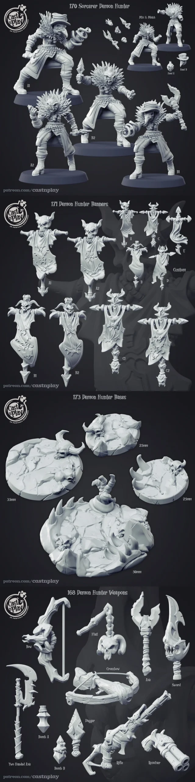 Fantasy sorcerer demon hunter miniatures with weapons, banners, and display bases