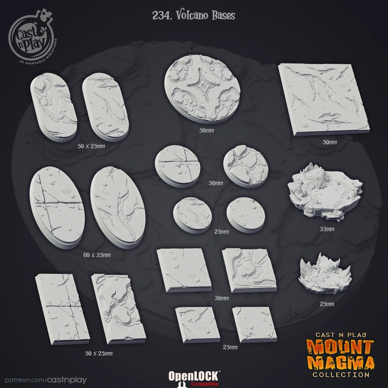 Volcano-themed scenic bases with cracked lava textures and raised rock formations