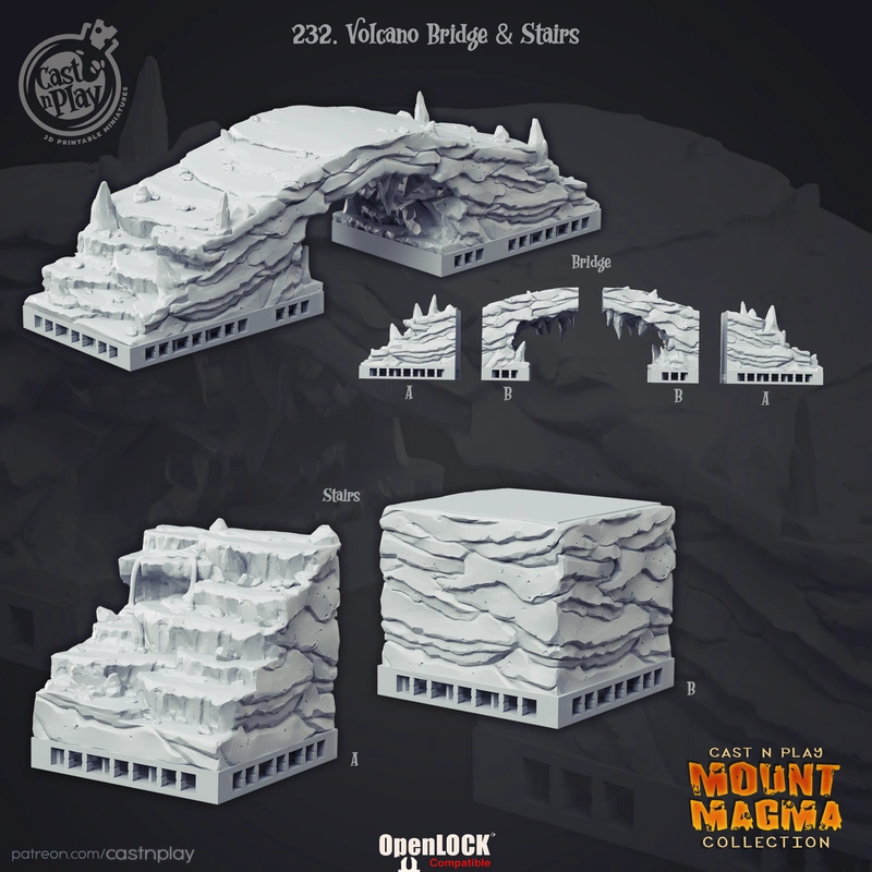 Volcano bridge and stairs tabletop terrain with layered rock and pointed outcrops