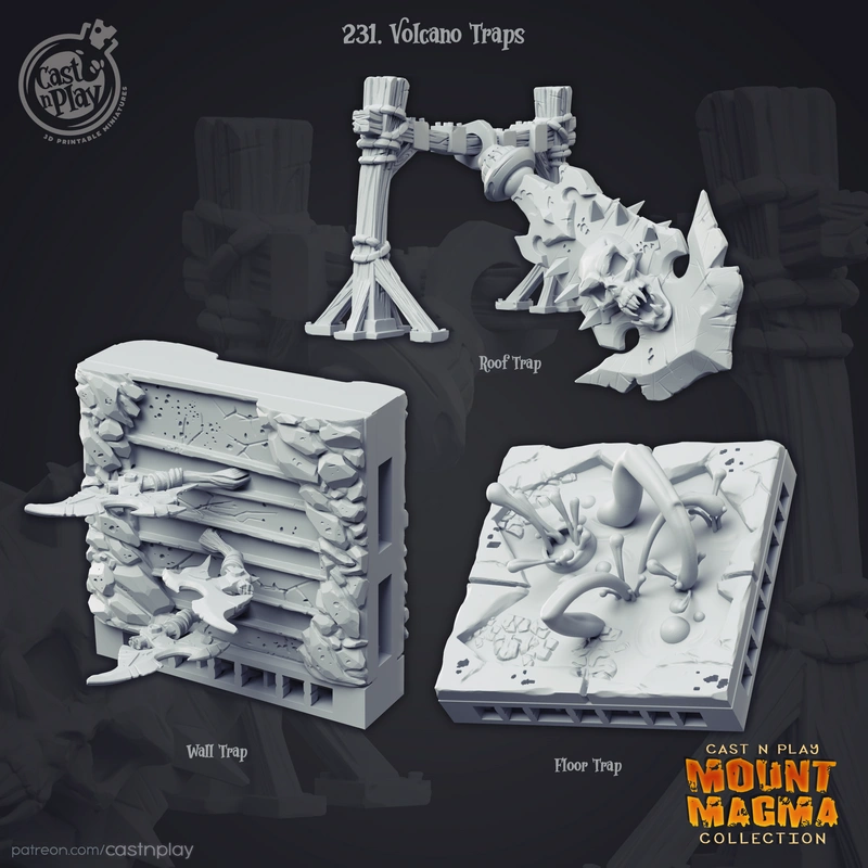 Volcano tabletop terrain traps with rocky wall, floor, roof, and timber mechanism