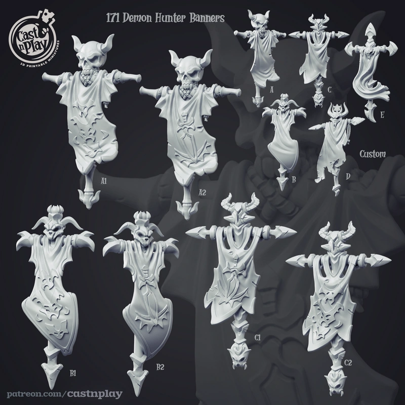 Horned fantasy demon-hunter figures with flowing robes and pointed ornamental details