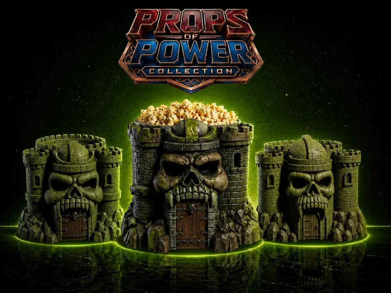Castle Grayskull popcorn bucket with skull-faced stone towers
