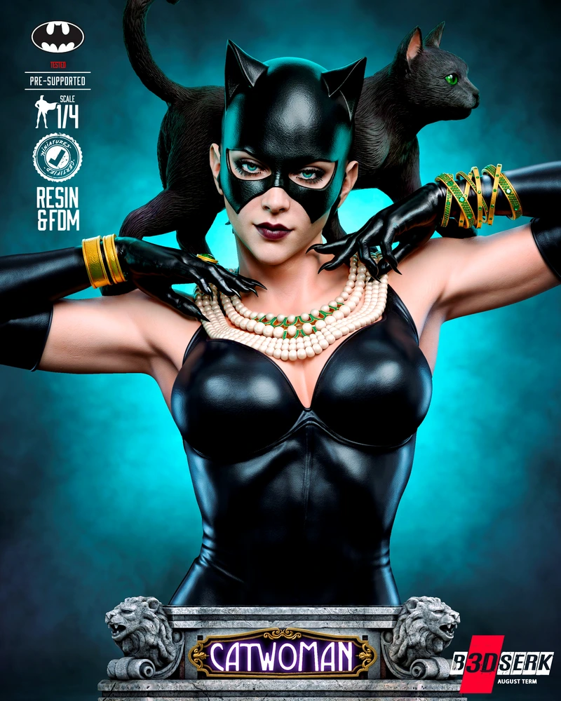 Catwoman bust in a black cat-eared mask with a black cat and ornate display pedestal