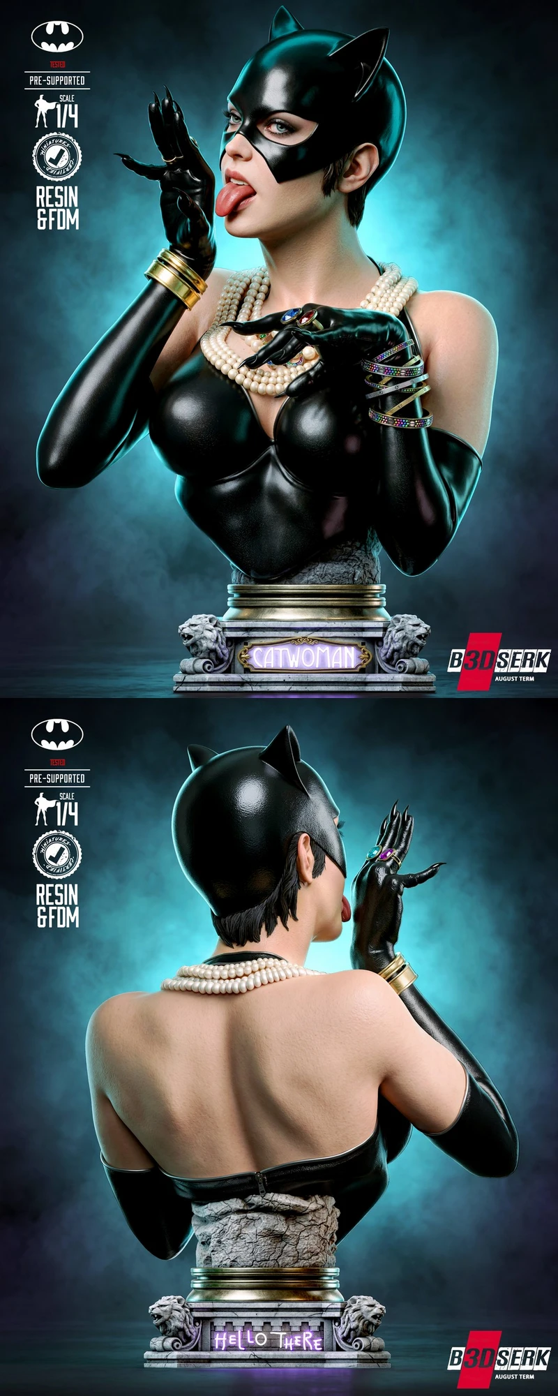 Catwoman portrait bust in a cat-eared mask on an ornate pedestal