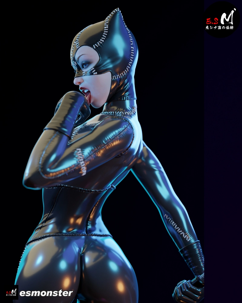 Catwoman character statue in a stitched black catsuit and feline cowl
