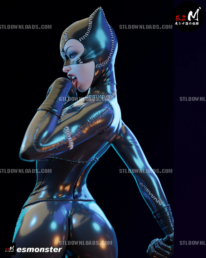 Catwoman character figure in a glossy stitched catsuit with pointed ears and eye mask