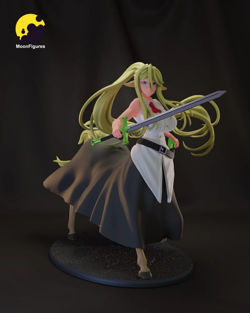 Centorea character statue with long hair, sword, flowing outfit, and display base