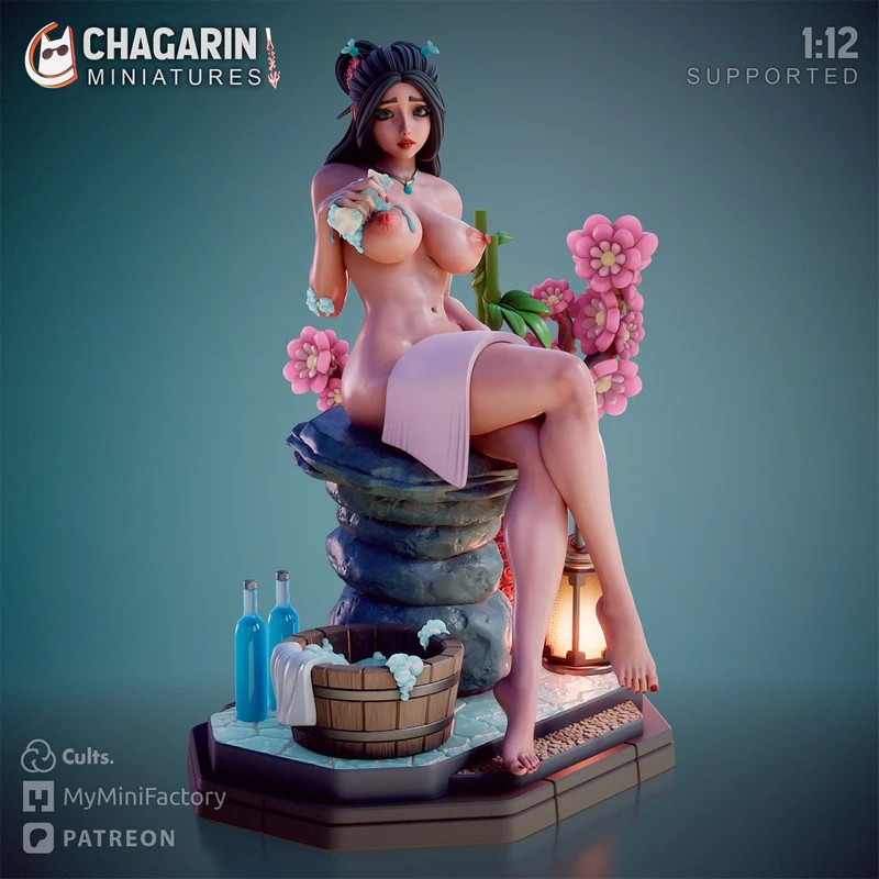 Ami Hot Spring anime-style female figure with flowers and hot spring accessories