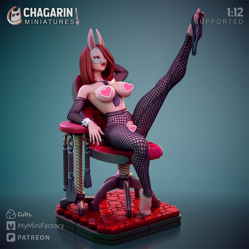 Rose Red Room fantasy figure with rabbit mask seated on a red chair