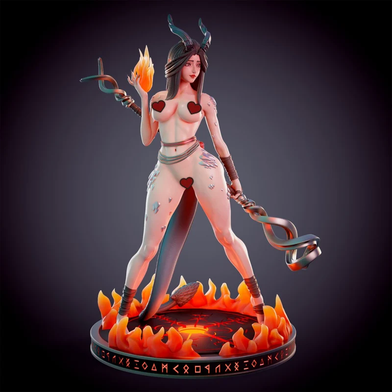 Horned fantasy fire priestess figure holding a flame and staff on a circular flaming rune base