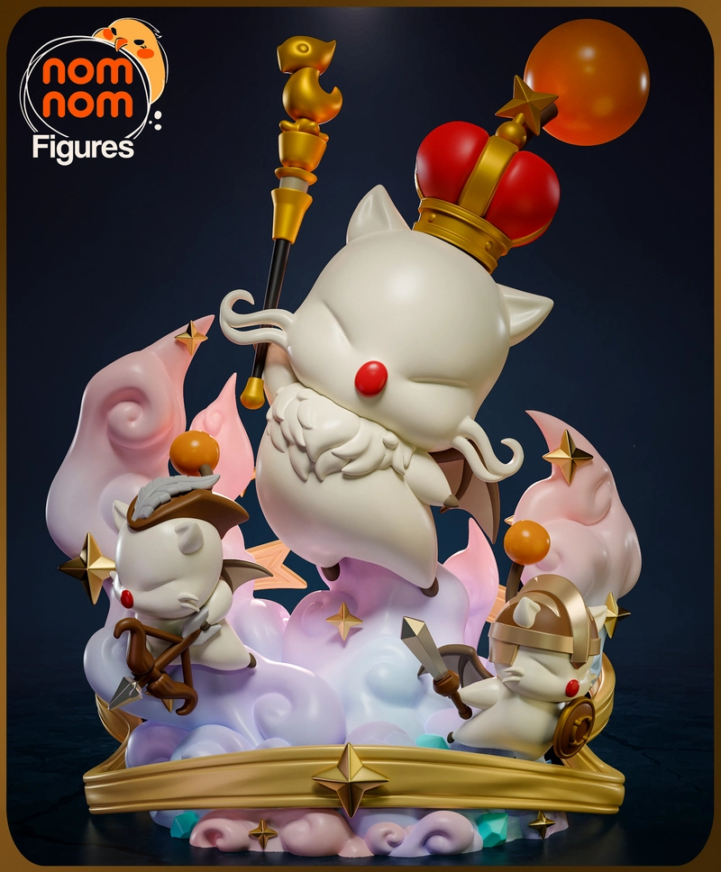Moogle King Mog XII figure with crown, staff, smaller moogles, and clouds